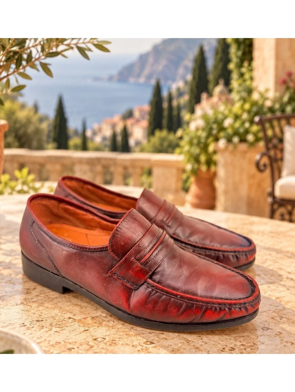 French Shriner Dayton Penny Loafers Mens 9E Burgundy Oxblood Leather Dress Shoes